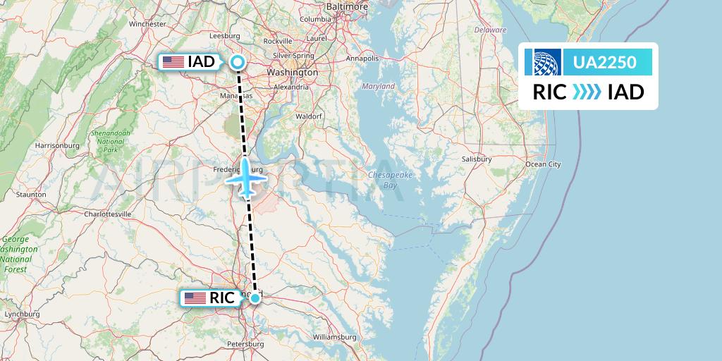 UA2250 United Airlines Flight Map: Richmond to Washington