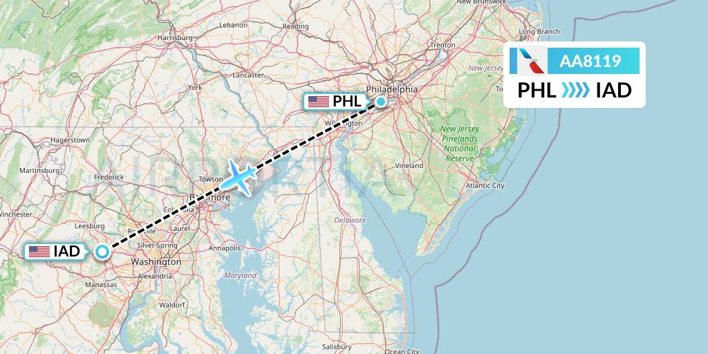 AA8119 American Airlines Flight Map: Philadelphia to Washington