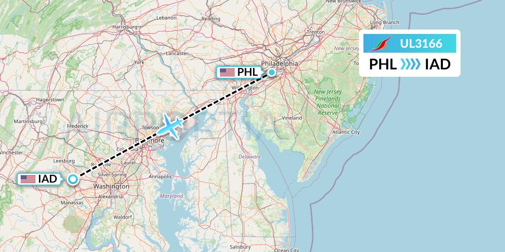 UL3166 SriLankan Airlines Flight Map: Philadelphia to Washington