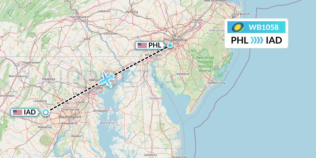 WB1058 RwandAir Flight Map: Philadelphia to Washington