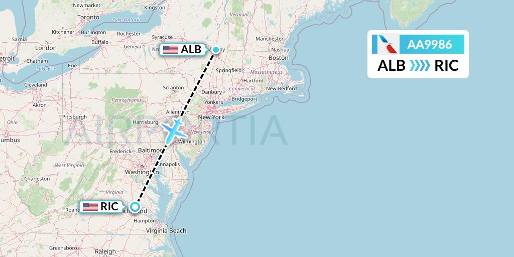 AA9986 American Airlines Flight Map: Albany to Richmond