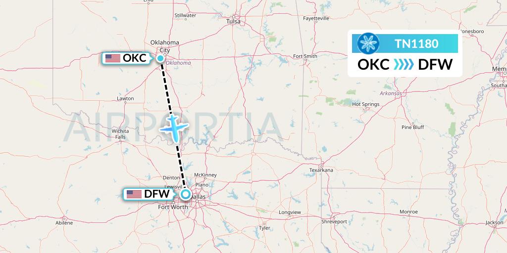 TN1180 Air Tahiti Nui Flight Map: Oklahoma City to Dallas