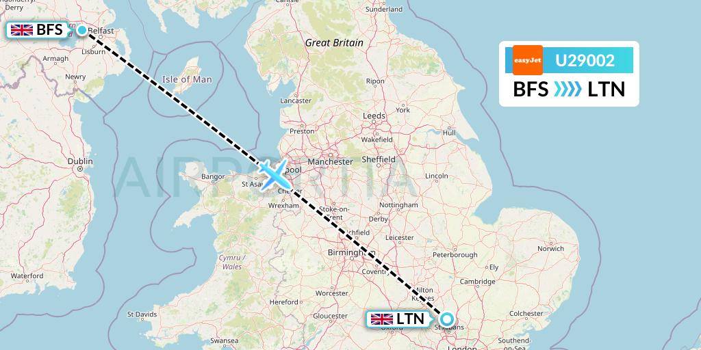 U29002 EasyJet Flight Map: Belfast to London