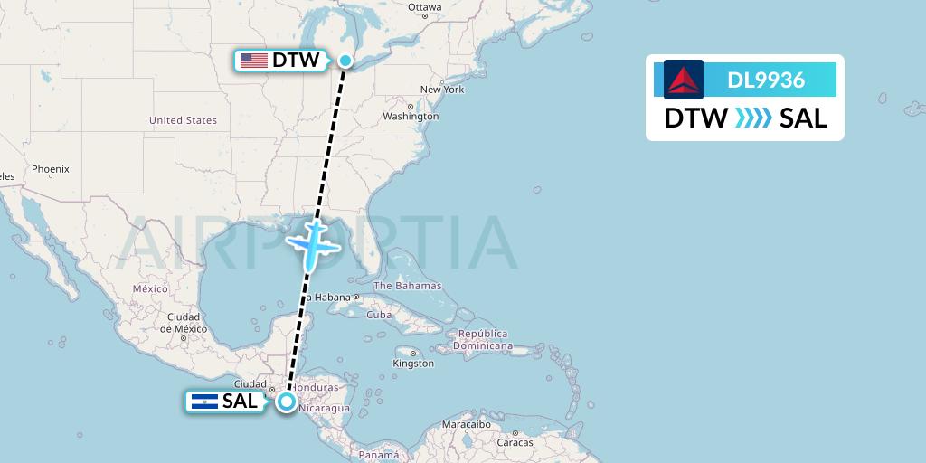 DL9936 Delta Air Lines Flight Map: Detroit to San Salvador