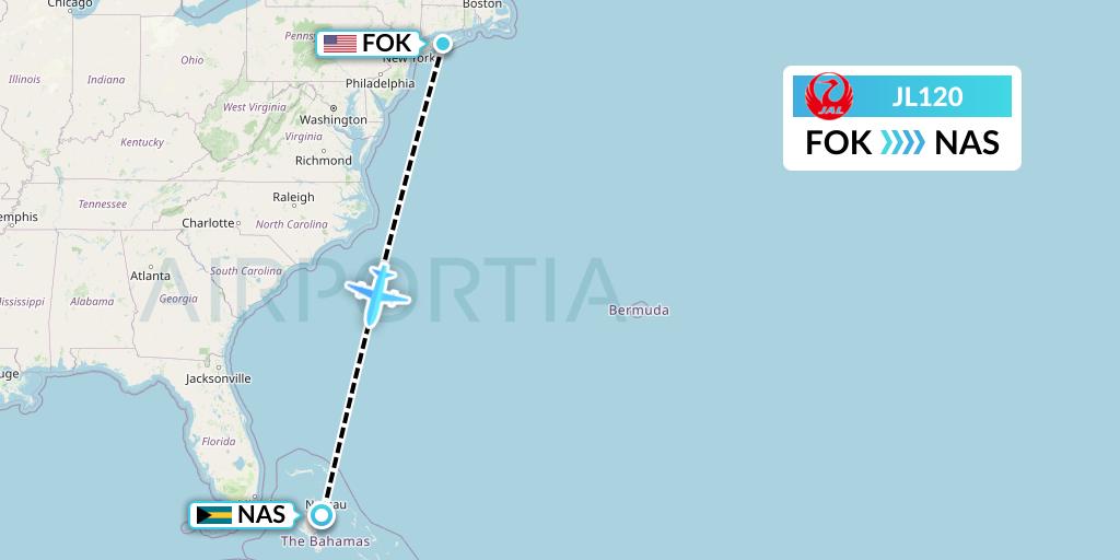 JL120 Japan Airlines Flight Map: Westhampton Beach to Nassau