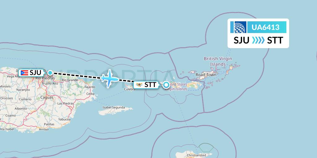 UA6413 United Airlines Flight Map: San Juan to St. Thomas