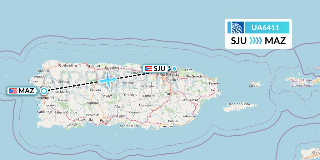 UA6411 United Airlines Flight Map: San Juan to Mayaguez