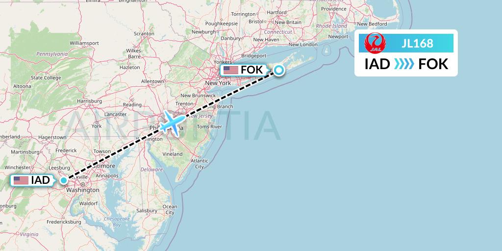 JL168 Japan Airlines Flight Map: Washington to Westhampton Beach