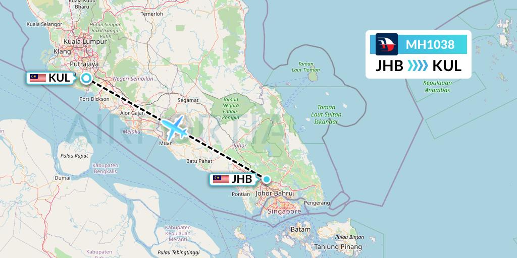 MH1038 Malaysia Airlines Flight Map: Johor Bahru to Kuala Lumpur