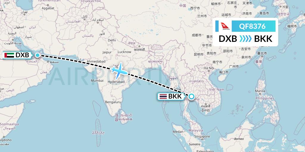 QF8376 Qantas Flight Map: Dubai to Bangkok