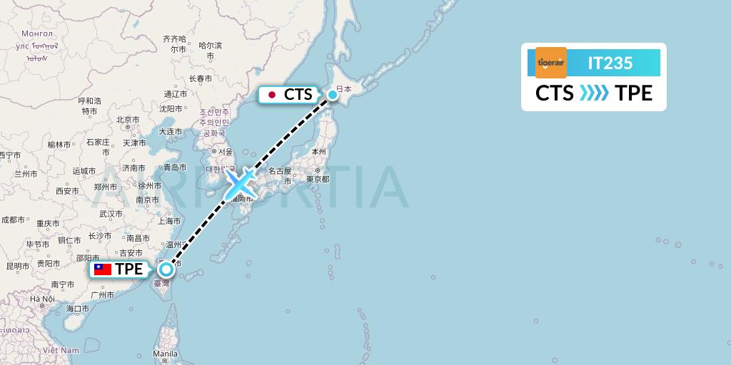 IT235 Tigerair Taiwan Flight Map: Sapporo to Taipei