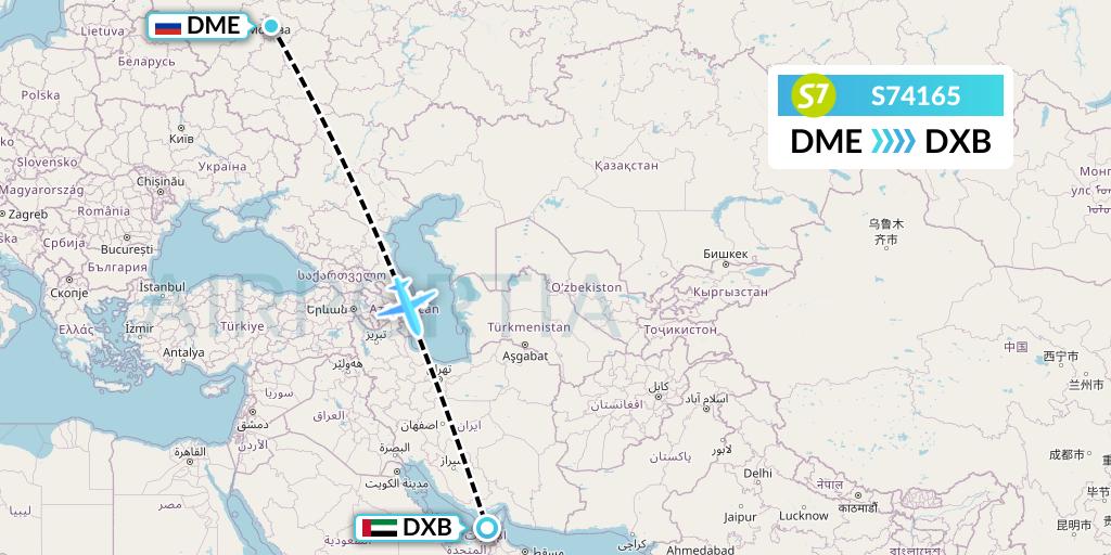 S74165 S7 Airlines Flight Map: Moscow to Dubai