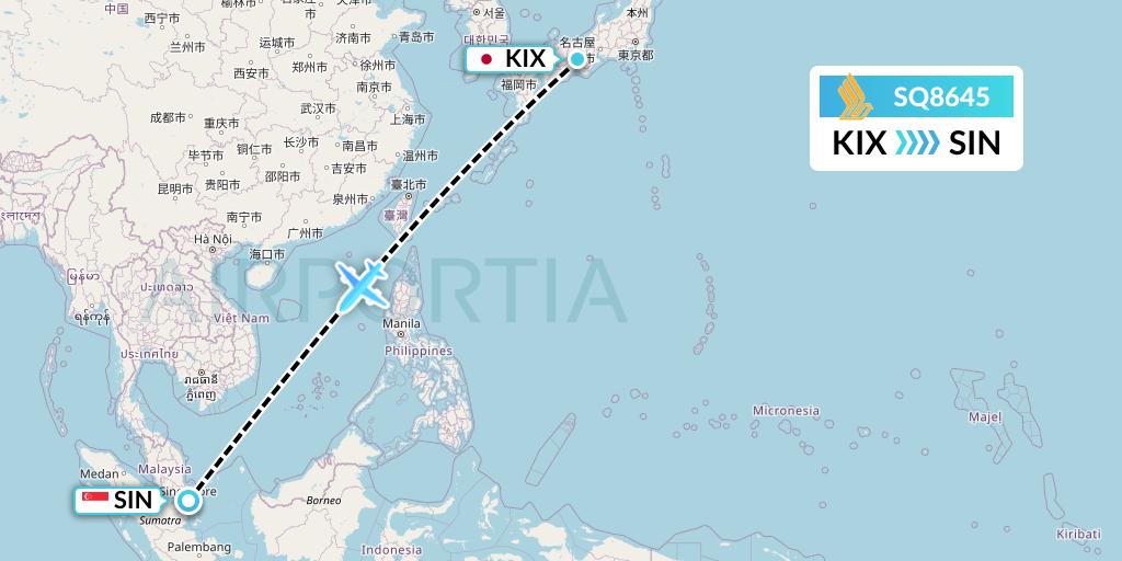 SQ8645 Singapore Airlines Flight Map: Osaka to Singapore