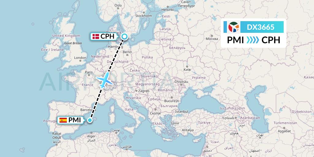 DX3665 Danish Air Transport Flight Map: Palma de Mallorca to Copenhagen