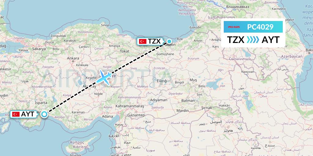 PC4029 Pegasus Airlines Flight Map: Trabzon to Antalya