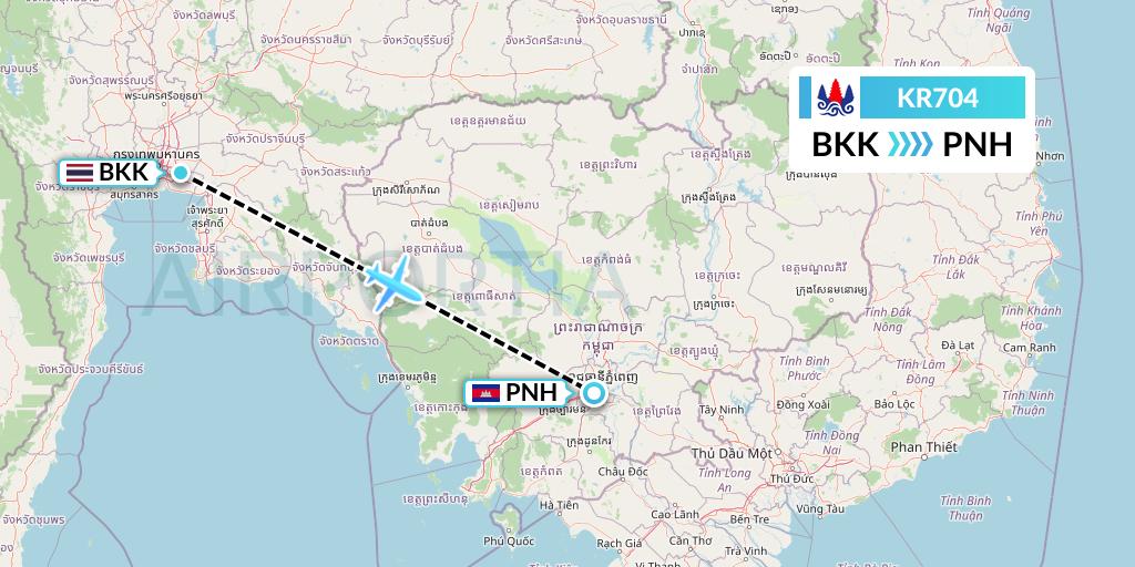 KR704 Cambodia Airways Flight Map: Bangkok to Phnom Penh