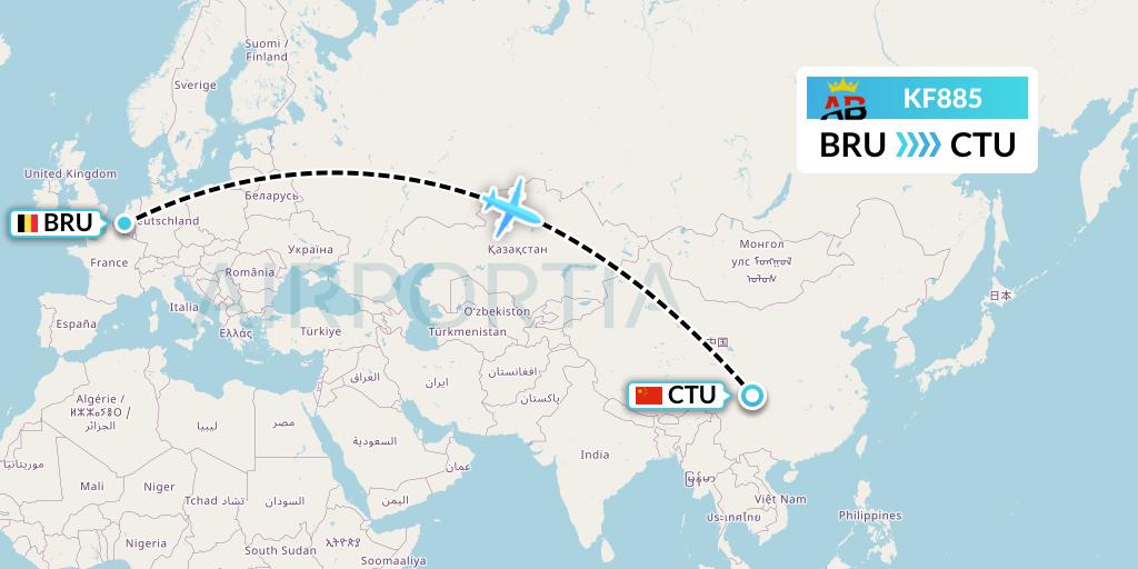 KF885 Air Belgium Flight Map: Brussels to Chengdu