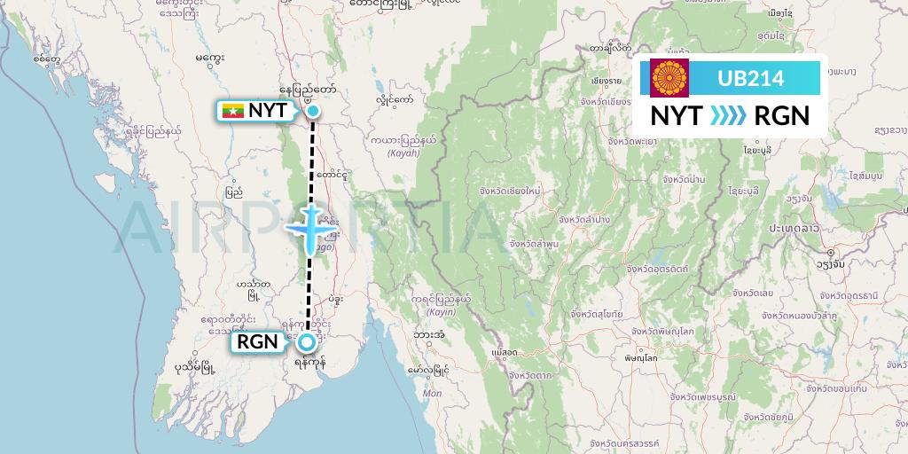 UB214 Myanmar National Airlines Flight Map: Naypyidaw to Yangon