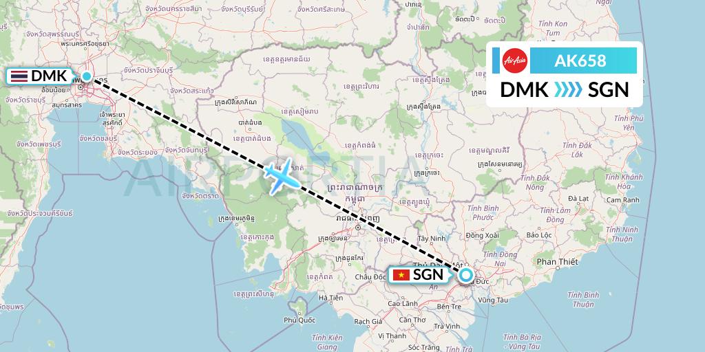 AK658 AirAsia Flight Map: Bangkok to Ho Chi Minh City
