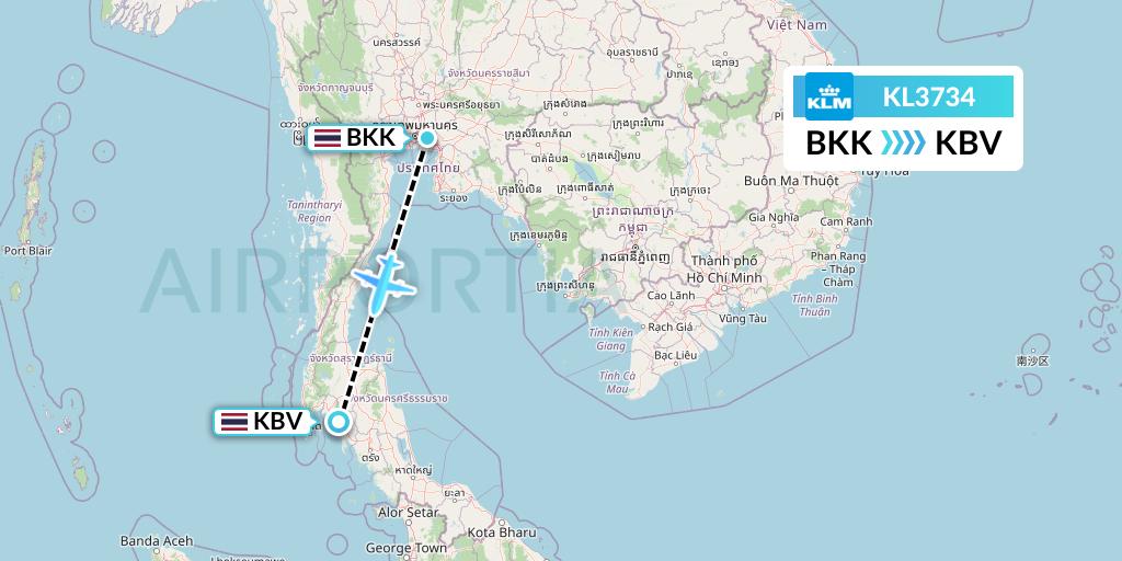 KL3734 KLM Flight Map: Bangkok to Krabi