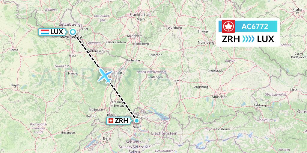 AC6772 Air Canada Flight Map: Zurich to Luxembourg
