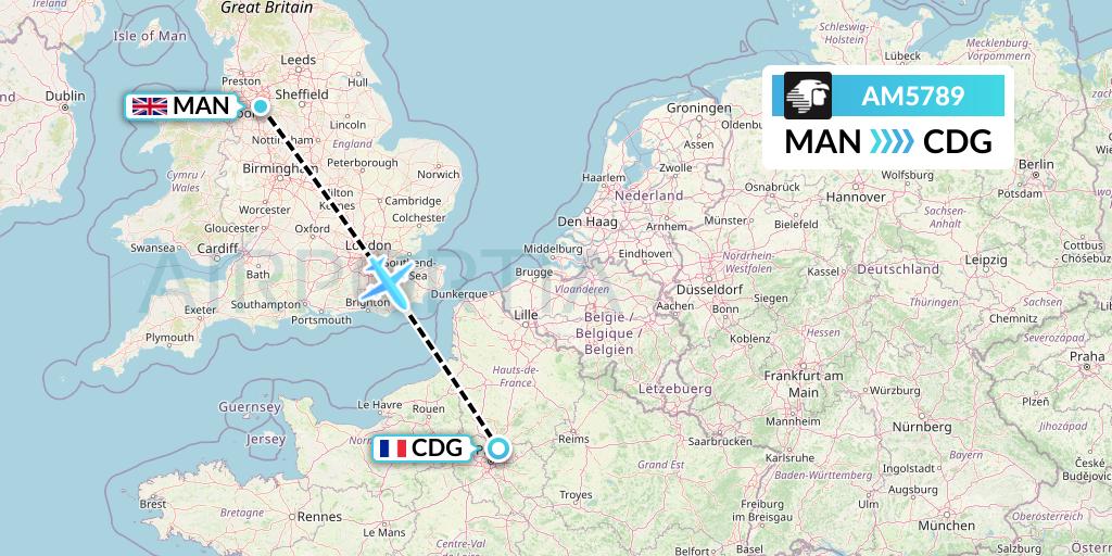 AM5789 Aeromexico Flight Map: Manchester to Paris