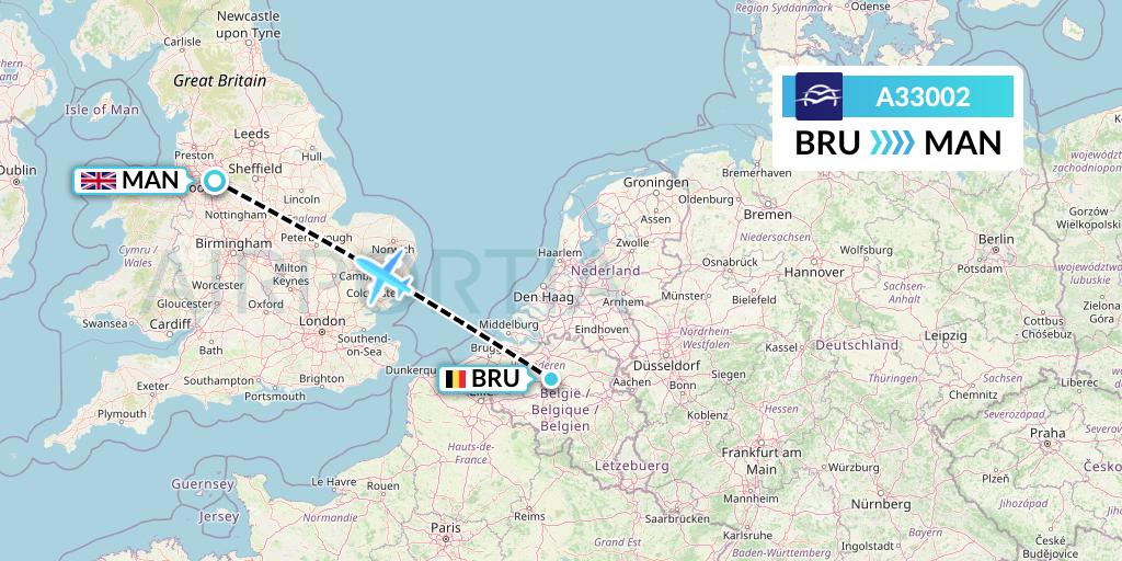 A33002 Aegean Airlines Flight Map: Brussels to Manchester
