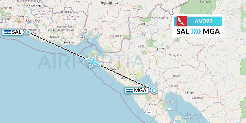 AV392 Avianca Flight Map: San Salvador to Managua