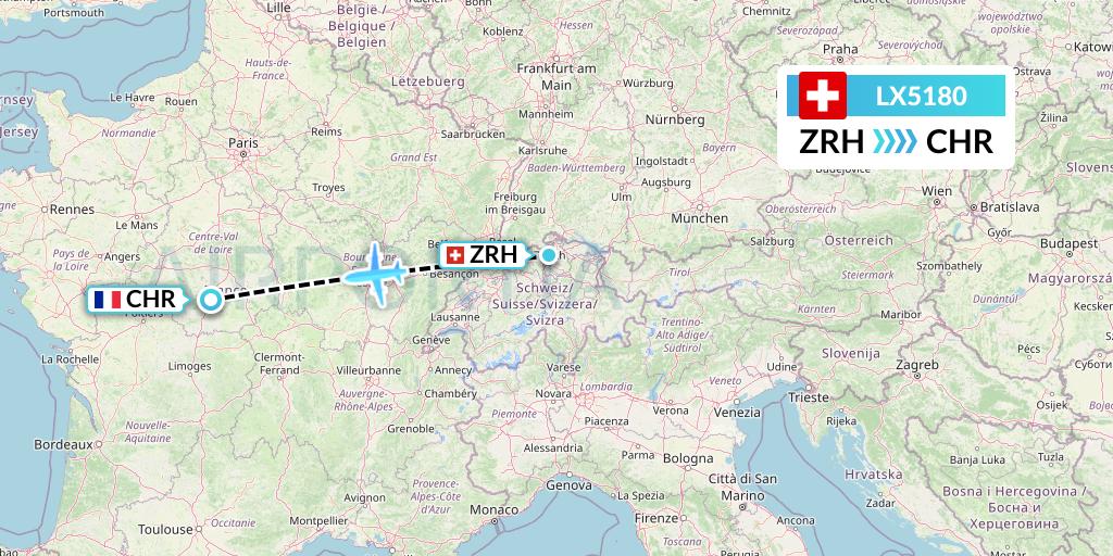 LX5180 Swiss Flight Map: Zurich to Chateauroux