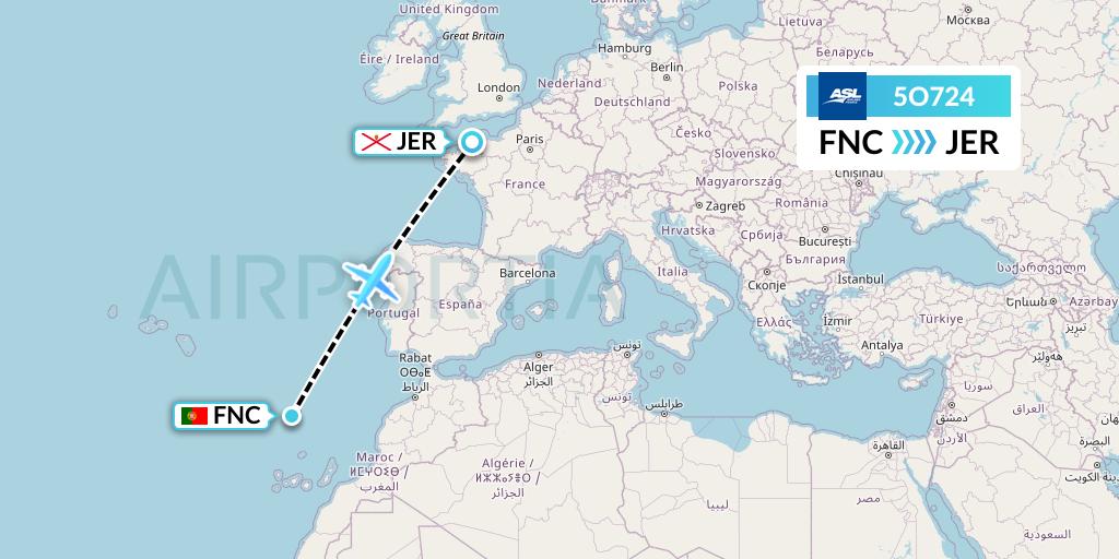 5O724 ASL Airlines France Flight Map: Funchal to Jersey