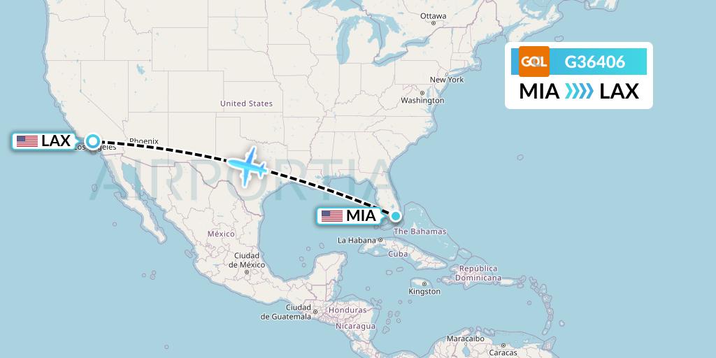 G36406 GOL Transportes Aeros Flight Map: Miami to Los Angeles