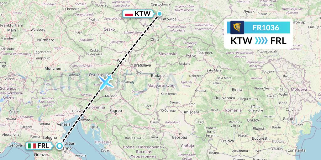 FR1036 Ryanair Flight Map: Katowice to Forli