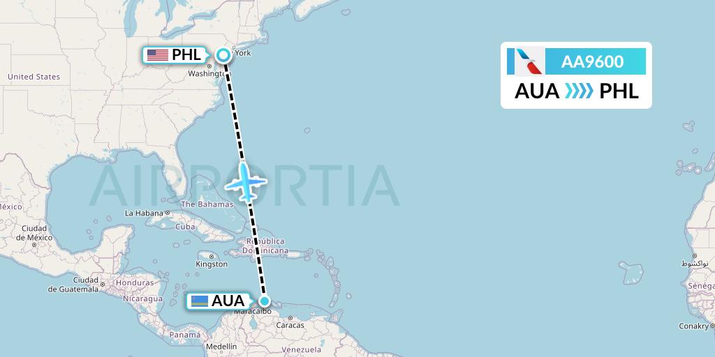 AA9600 American Airlines Flight Map: Oranjestad to Philadelphia