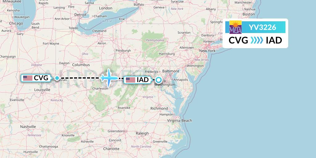 YV3226 Mesa Airlines Flight Map: Cincinnati to Washington
