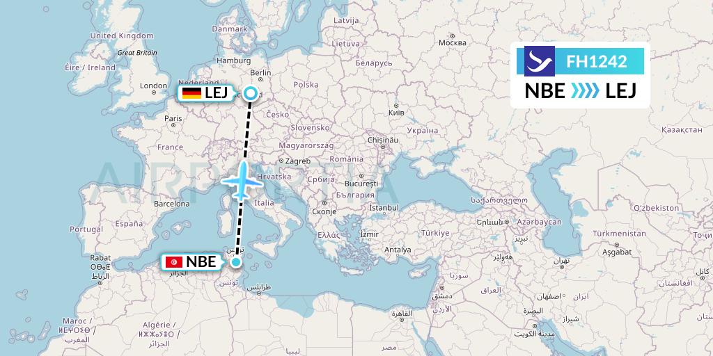 FH1242 Freebird Airlines Flight Map: Enfidha to Leipzig