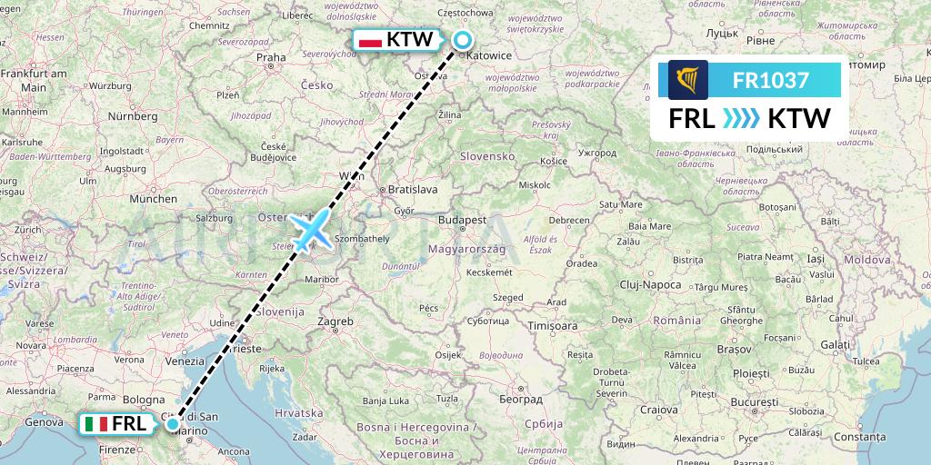FR1037 Ryanair Flight Map: Forli to Katowice