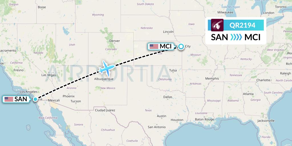 QR2194 Qatar Airways Flight Map: San Diego to Kansas City