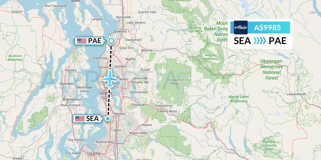 AS9985 Alaska Airlines Flight Map: Seattle to Everett
