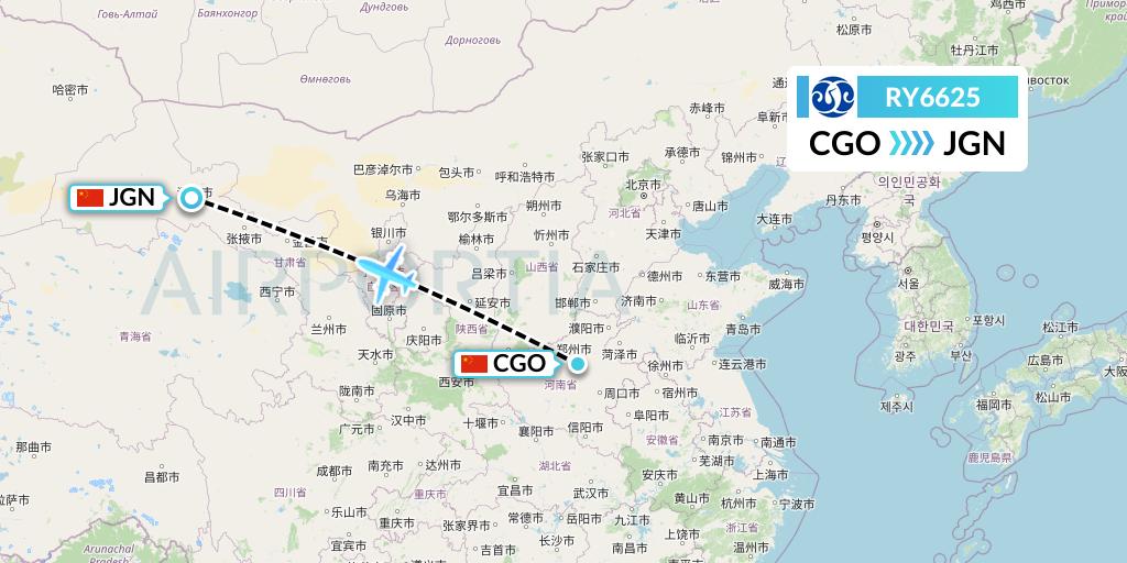 RY6625 Jiangxi Air Flight Map: Zhengzhou to Jiayuguan
