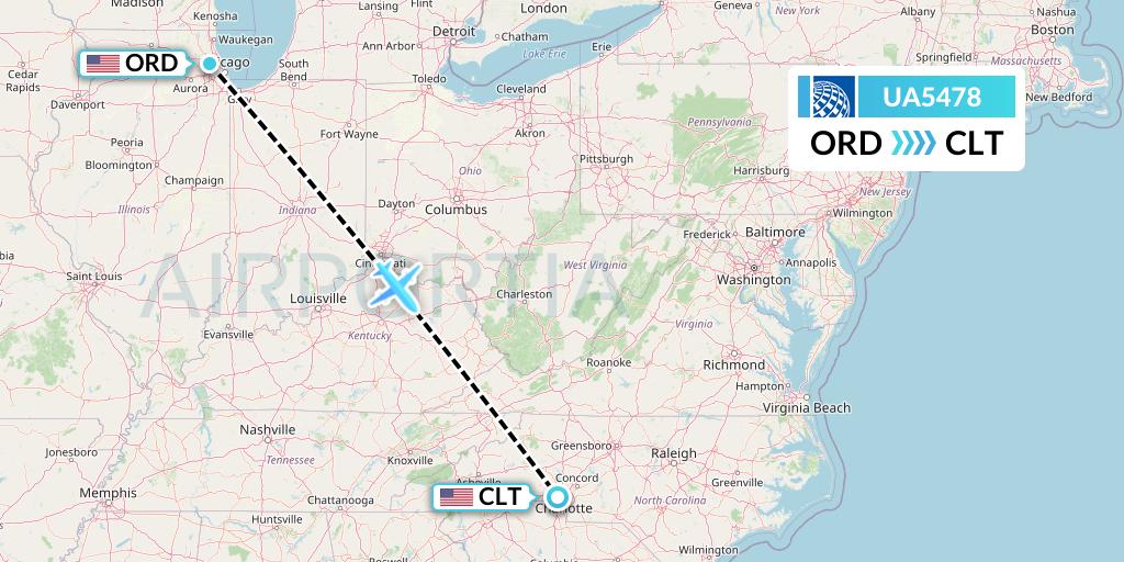 UA5478 United Airlines Flight Map: Chicago to Charlotte