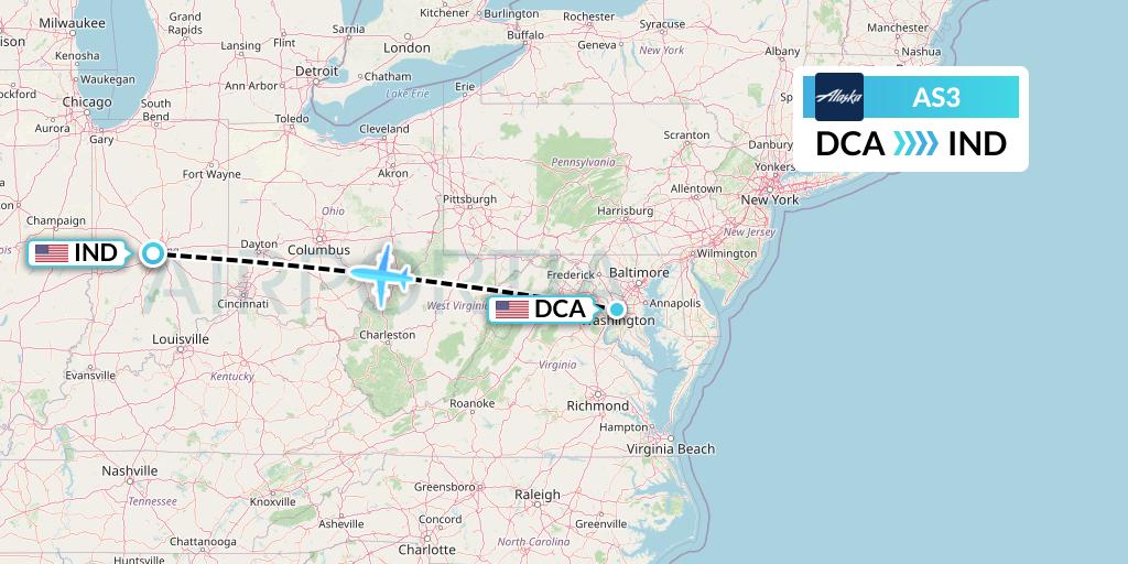 AS3 Alaska Airlines Flight Map: Washington to Indianapolis