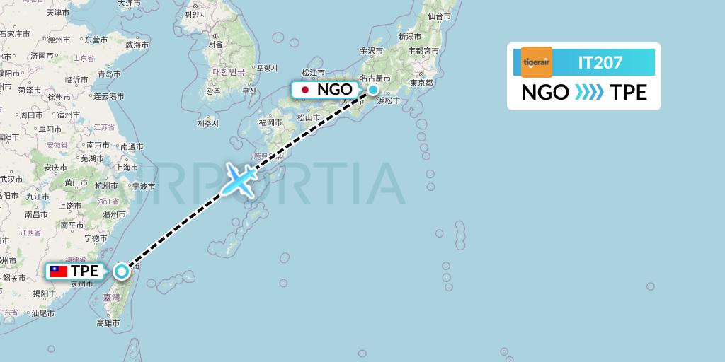 IT207 Tigerair Taiwan Flight Map: Nagoya to Taipei