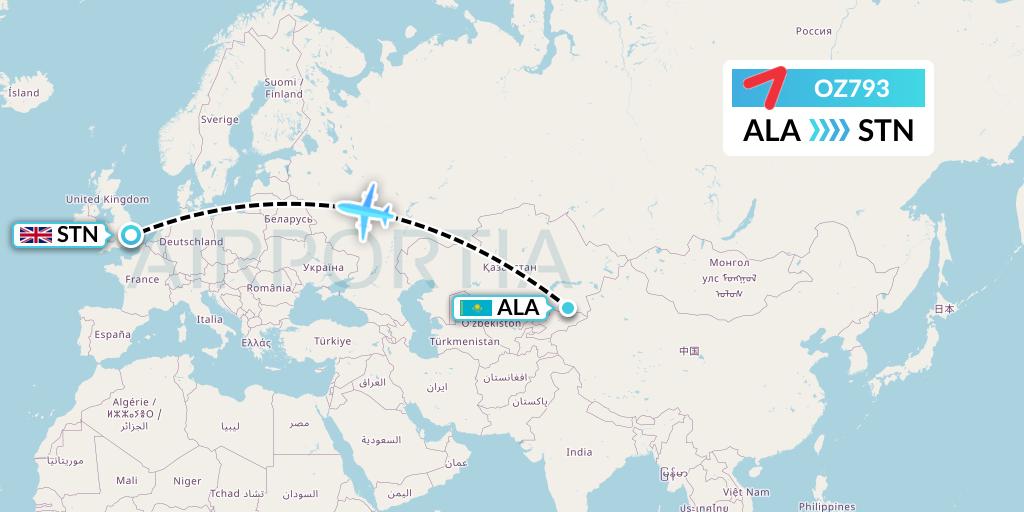 OZ793 Asiana Airlines Flight Map: Almaty to London