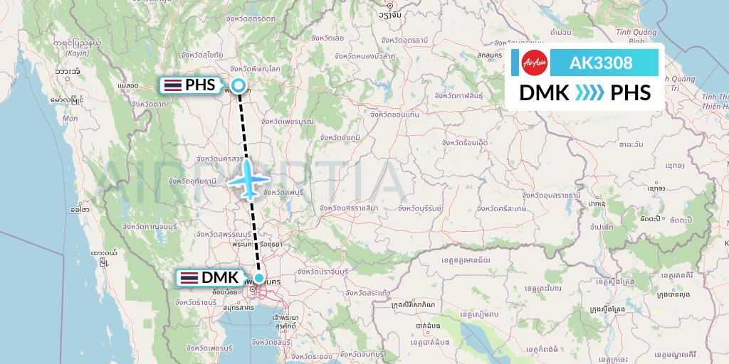 AK3308 AirAsia Flight Map: Bangkok to Phitsanulok