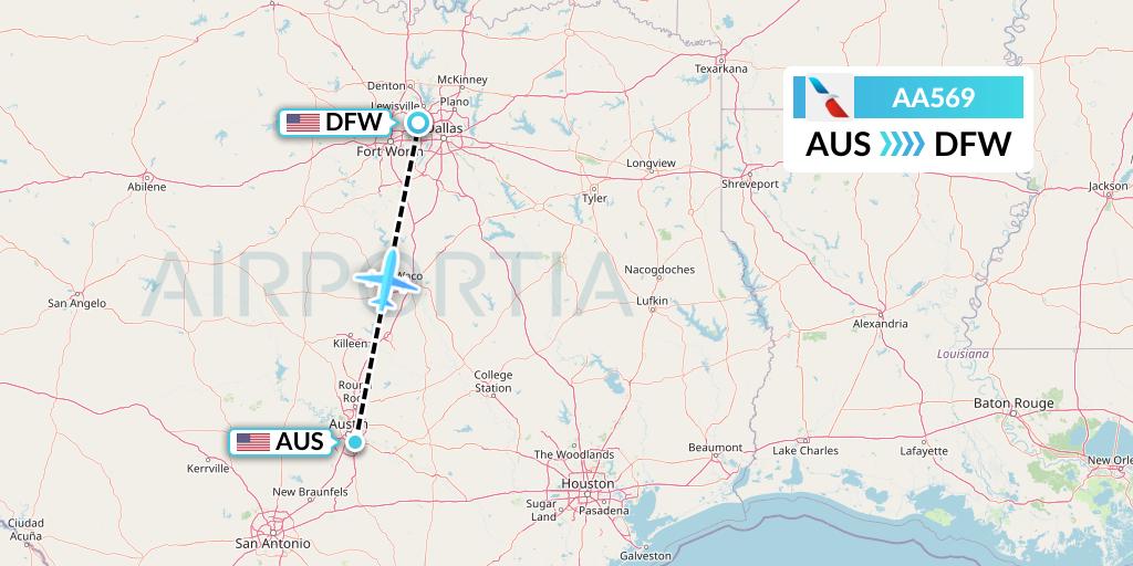 AA569 American Airlines Flight Map: Austin to Dallas