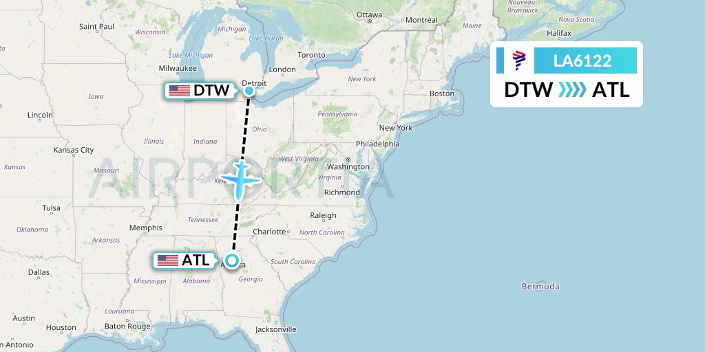 LA6122 LAN Airlines Flight Map: Detroit to Atlanta