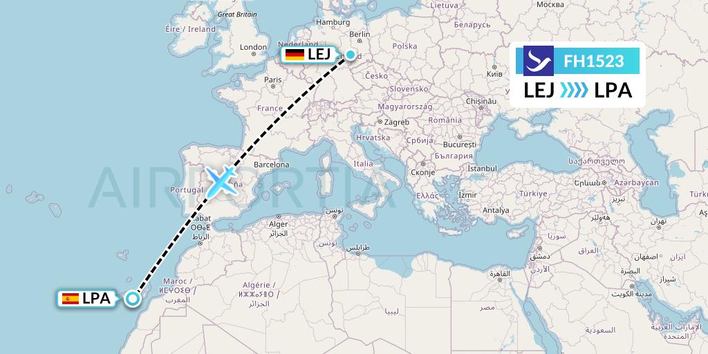 FH1523 Freebird Airlines Flight Map: Leipzig to Las Palmas