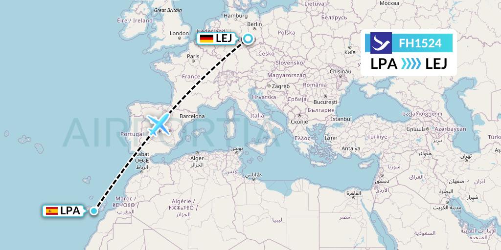 FH1524 Freebird Airlines Flight Map: Las Palmas to Leipzig