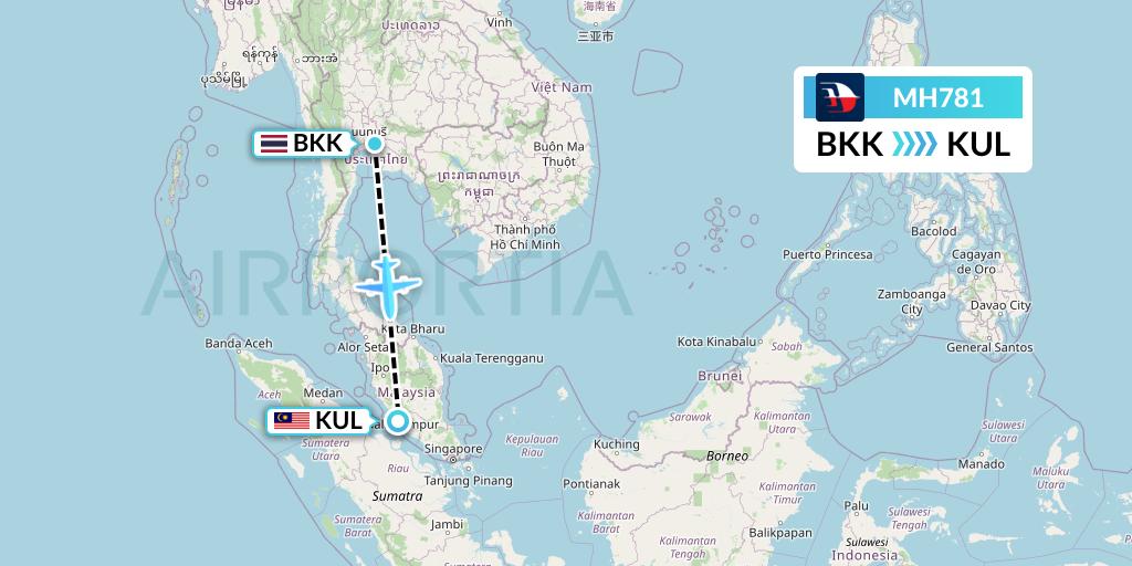 MH781 Malaysia Airlines Flight Map: Bangkok to Kuala Lumpur