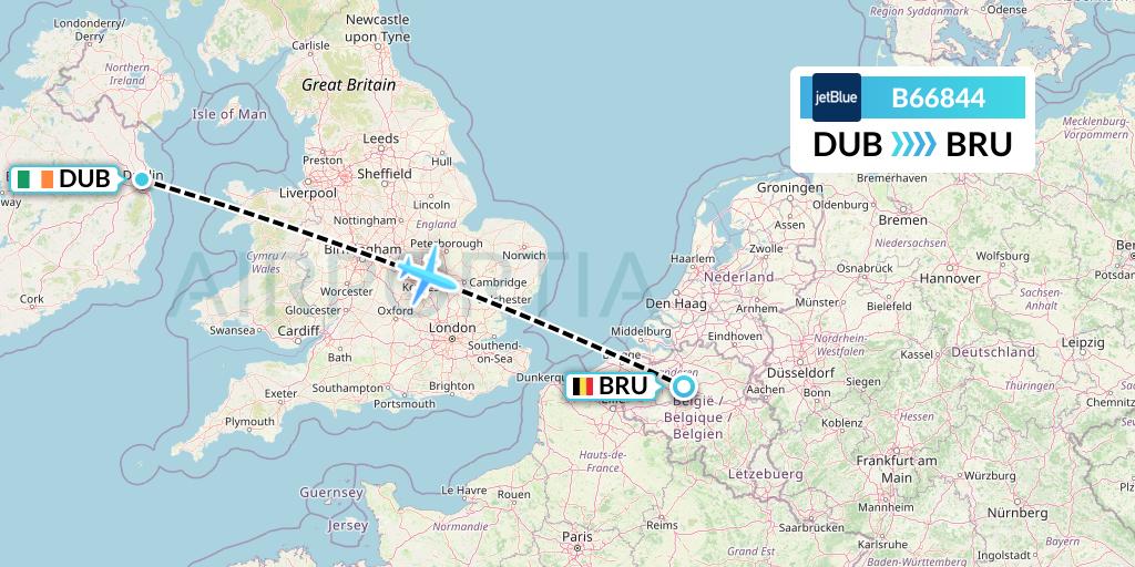B66844 JetBlue Airways Flight Map: Dublin to Brussels